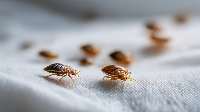Close-up of multiple bed bugs on textile surface, pest infestation and hygiene problem concept, home sanitation and extermination theme.