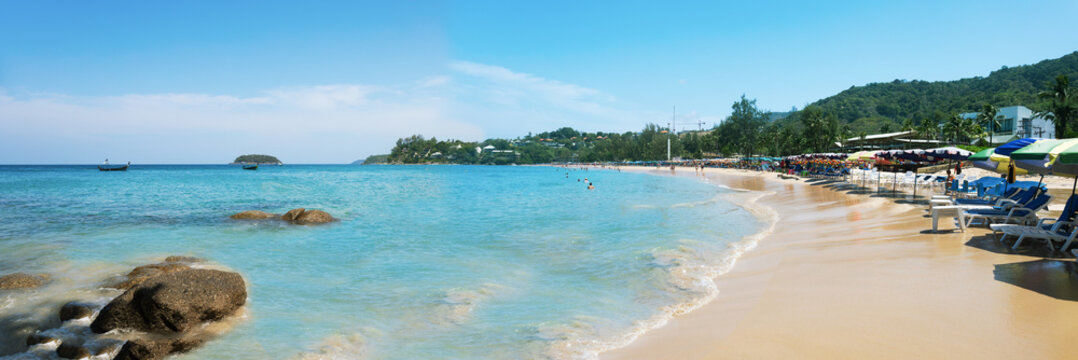 Beautiful view of Kata Noi beach on a sunny day in Phuket, Thailand. Banner with copy space.