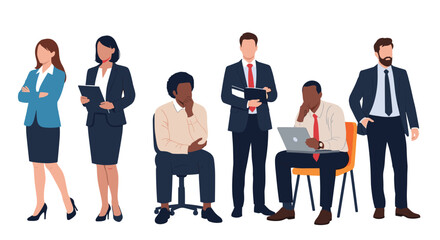 Fototapeta premium Group of professional business people demonstrate focused work attitudes through various poses including thinking and collaborating.