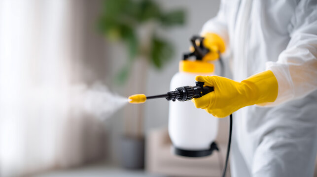 Close-up of professional pest control worker spraying mattress with chemical solution.