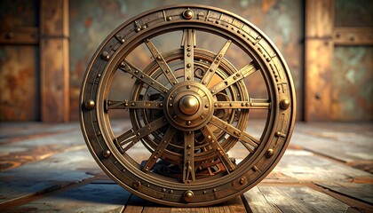 Obraz premium Ornate golden wheel on wooden floor