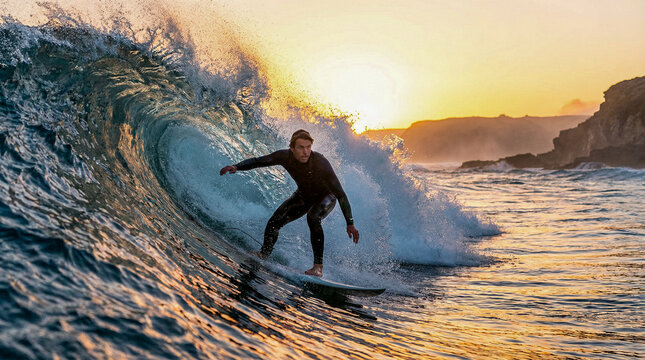 Fotograf&iacute;a hiperrealista de surfista cabalgando ola al amanecer, agua en movimiento congelado, luz dorada, acci&oacute;n intensa