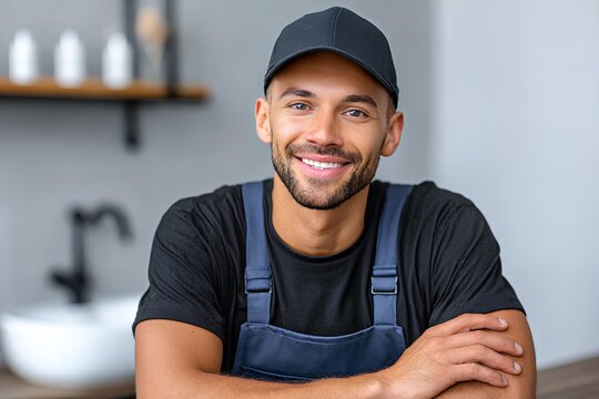Hispanic professional plumber smiling while sitting at a workbench, showcasing tools and a modern sink in a well-lit environment, embodying craftsmanship and expertise