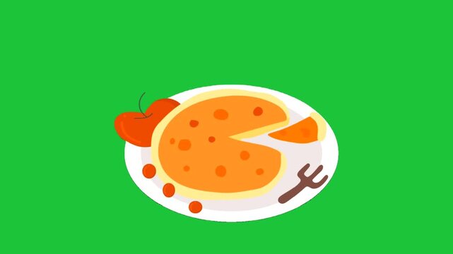 cartoon omelette plate with tomato on green background simple flat food animation loop breakfast concept