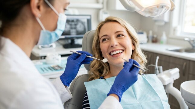 Professional dentist examining female patient teeth with mirror and probe in clinic. Modern dental checkup and healthcare service. Smiling woman in dentist chair.