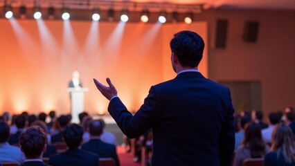 Fototapeta premium A businessman in a suit addresses an audience from the back of a room, with a presenter on stage under spotlights. The scene has soft focus.