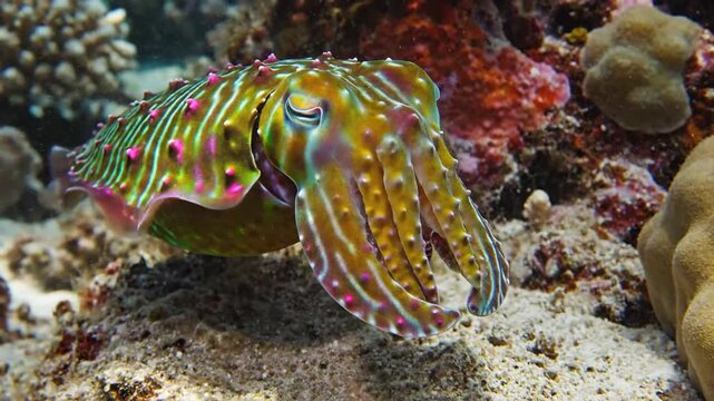 Colorful Cuttlefish Underwater Among Coral Reef