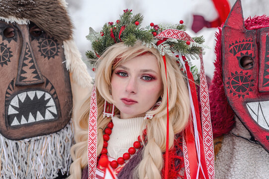 Celebration of traditional Maslenitsa with mummers