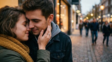 Fototapeta premium Intimate moment of young couple in love on busy city street, woman touching mans face with tenderness, romantic evening date and emotional connection
