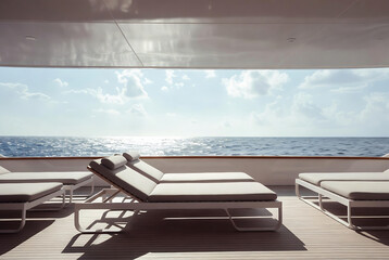 Fototapeta premium Luxury yacht deck with lounge chairs, overlooking a serene ocean and sky.