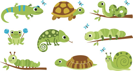 Obraz premium Adorable green cartoon reptile and insect collection featuring cute frogs, turtles, chameleons, lizards, snakes, snails, and caterpillars in a friendly textured illustrative style.