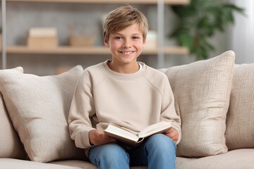 Obraz premium Young boy with light brown hair, sitting on a cozy sofa, holding an open book, smiling warmly, surrounded by a bright and inviting living room atmosphere