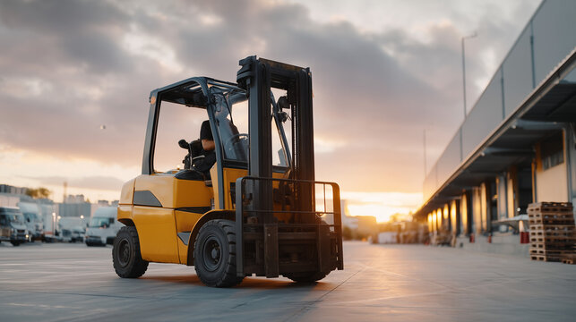 Circular economy reverse logistics hub at dawn, forklift moving disassembled electronic components toward refurbishment bays, overcast dramatic sky through large loading dock doors, perfect for e-wa