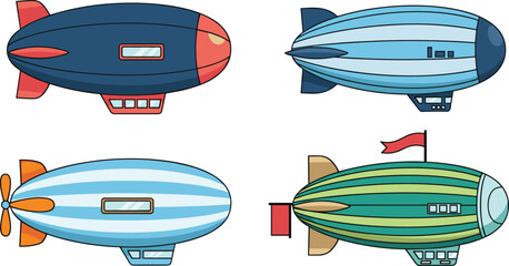 Airship Blimp Illustration Set with Vintage Zeppelin and Colorful Flying Balloon Designs for Aviation Travel and Transport Collection © Sanjida