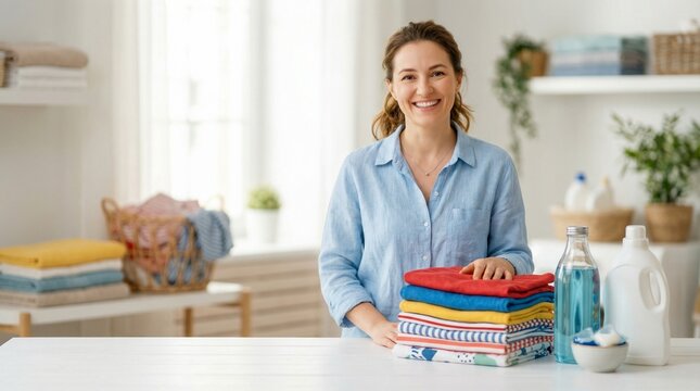 Smiling woman standing behind table with stack of clean laundry and detergent in bright laundry room, household chores and home organization concept