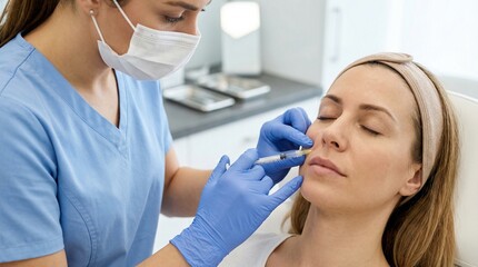 Naklejka premium Aesthetician injecting nasolabial fold filler for woman in beauty salon. Professional medical procedure for wrinkle reduction and facial skin rejuvenation with needle.