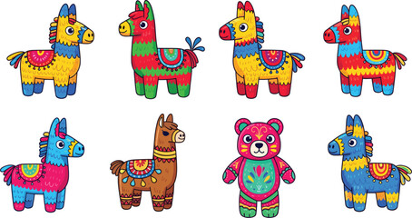 Colorful piñata animals collection with llama and bear, festive Mexican party decorations, bright cartoon characters for celebration, birthday, fiesta and cultural design themes © Mstferdoshi