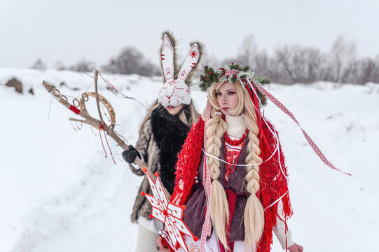 Celebration of traditional Maslenitsa with mummers