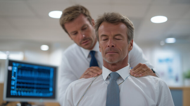 Neuroscientist adjusts electrode placement on neck of seated male patient in clinical room, both focused and calm, monitor displaying waveform pulses, fluorescent overhead light, ideal for vagus ner