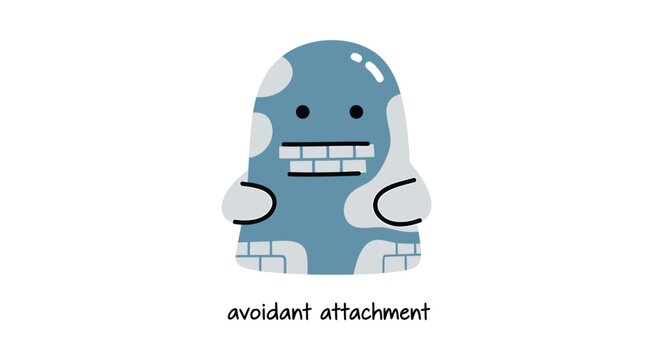 Cute blue robot character, avoidant attachment style, emotional intelligence concept, vector illustration