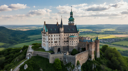 Fototapeta premium Majestic Castle Hilltop Countryside Landscape Aerial View
