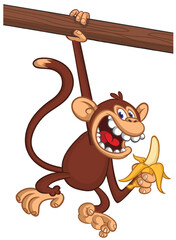 Fototapeta premium Cartoon funny monkey chimpanzee holding banana in his hands. Vector illustration of happy monkey character design isolated.