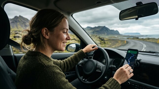 Young woman driving car using smartphone GPS navigation app for road trip. Modern technology and transportation concept. Female driver traveling by car in scenic mountain landscape.