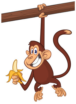 Cartoon funny monkey chimpanzee holding banana in his hands. Vector illustration of happy monkey character design isolated.