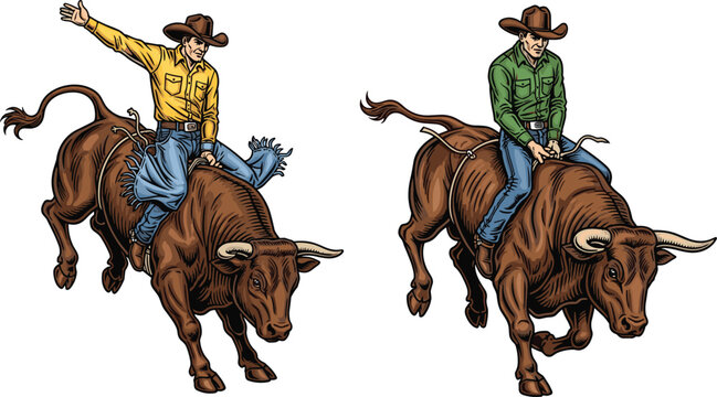 Cowboy riding bull illustration set, rodeo action scene with western rider on bucking bull, country lifestyle and ranch sport concept for agriculture, adventure and cowboy themes