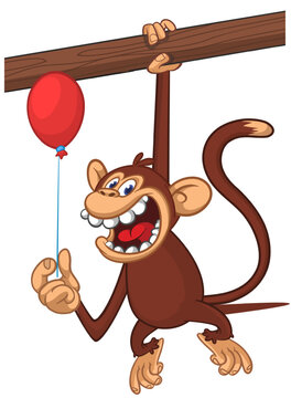 Cartoon funny brown monkey chimpanzee holding red balloon. Vector illustration isolated on white