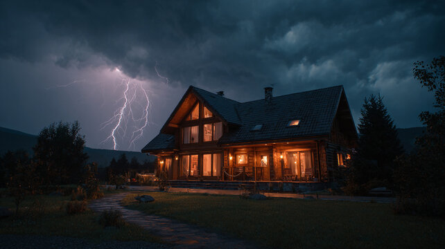 cozy house with warm lights inside during a thunderstorm, powerful lightning striking near the rooftop, heavy rain, glowing windows, contrast between warm interior and cold storm outside