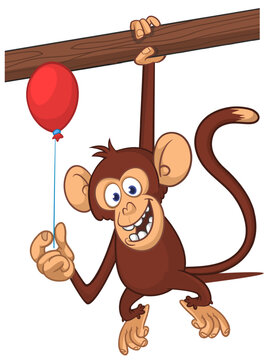 Cartoon funny brown monkey chimpanzee holding red balloon. Vector illustration isolated on white