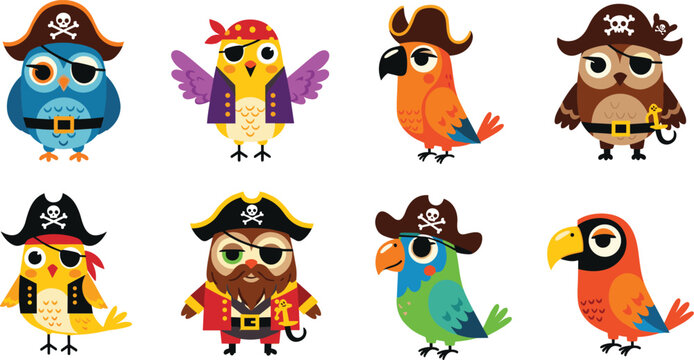 Cute pirate birds cartoon set with parrots and owls, colorful animal characters wearing pirate hats and costumes, fun illustration for kids design, adventure and fantasy themes