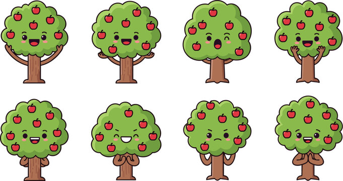 Cute apple trees collection with smiling faces and red fruits in flat vector style, cartoon orchard elements isolated on white background for kids design