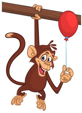 Cartoon funny brown monkey chimpanzee holding red balloon. Vector illustration isolated on white