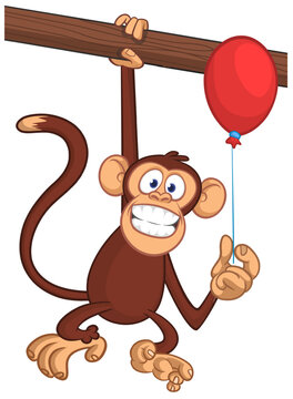 Cartoon funny brown monkey chimpanzee holding red balloon. Vector illustration isolated on white