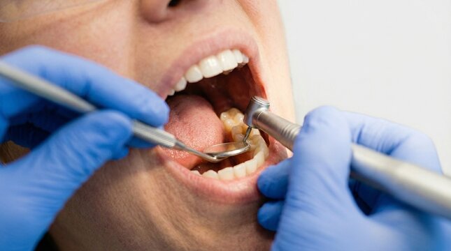 Close up of professional dentist using high speed drill and mirror on patient teeth in clinic. Modern dental procedure for cavity treatment, oral hygiene and tooth restoration service.