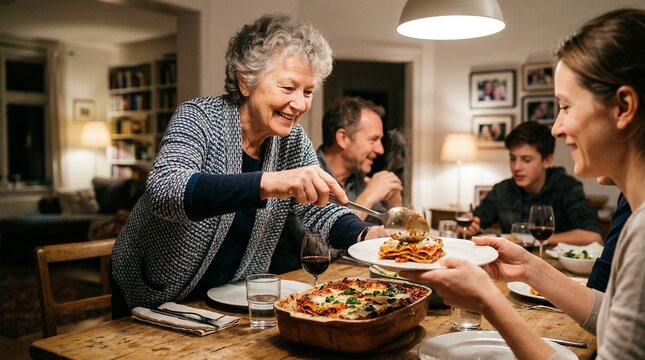 Happy senior woman serving homemade lasagna to family at dinner party. Grandmother hosting festive meal with adult children in cozy dining room. Multigenerational family lifestyle.