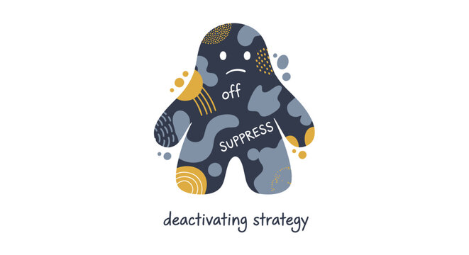 Cute cartoon monster, deactivating strategy concept, suppress emotions, mental health vector icon