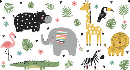Hand Drawn Safari Animal Vector Illustration Set Featuring Elephant, Lion, Zebra, Giraffe, Hippo, and Tropical Leaves for Nursery Decor and Kids Fabric Patterns © Mdsahidul