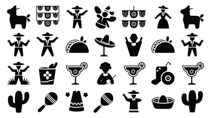 Obraz premium Vibrant modern vector illustration featuring festive icons including sombreros piatas tacos margaritas cacti and maracas celebrating mexican culture