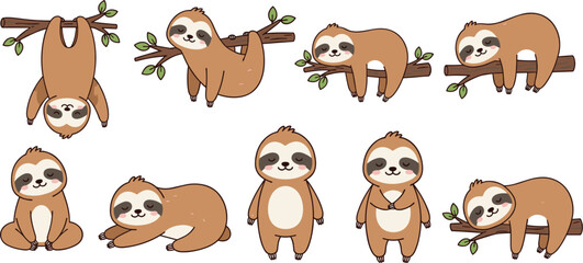 Fototapeta premium Cute sloth cartoon character set with different poses, adorable tree hanging animals, lazy wildlife illustration collection for kids design, nursery decor and nature themes
