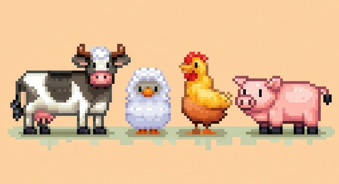 set of pixel art farm animals