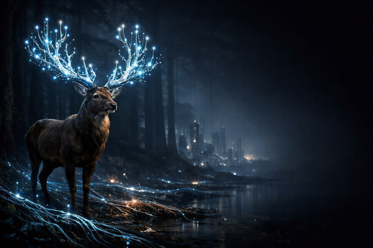 Majestic deer with glowing fiber optic antlers in mystical forest at night