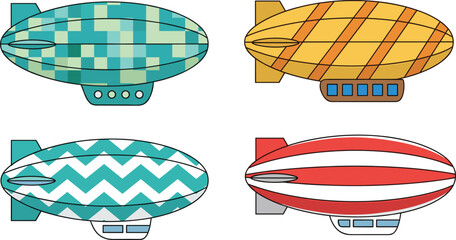 Airship Blimp Illustration Set with Colorful Patterned Zeppelin Designs for Aviation Travel Advertising and Flying Balloon Transport Collection © Sanjida