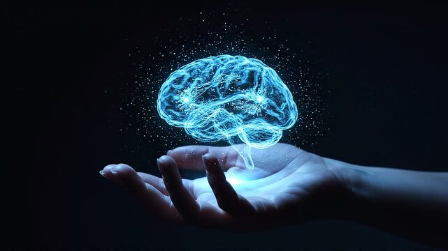 Luminous Brain Hologram Floating Above an Open Hand in Darkness