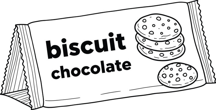 Chocolate Biscuit Packaging Wrapper Illustration with Cookies Sketch Style Line Art Vector Design for Snack Branding, Food Labels, and Product Mockups