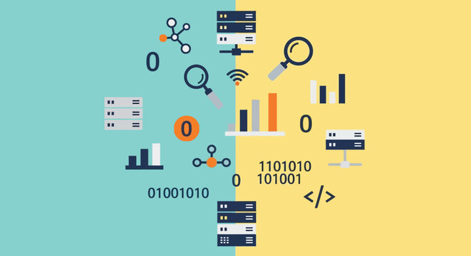 Abstract digital icons and code displayed on a colorful background silhouette