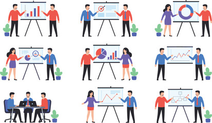 Fototapeta premium Business team presenting charts graphs and analytics data during meetings showing financial growth strategy planning and corporate teamwork concepts