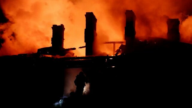 The house is on fire. A scary video of a burning dwelling.